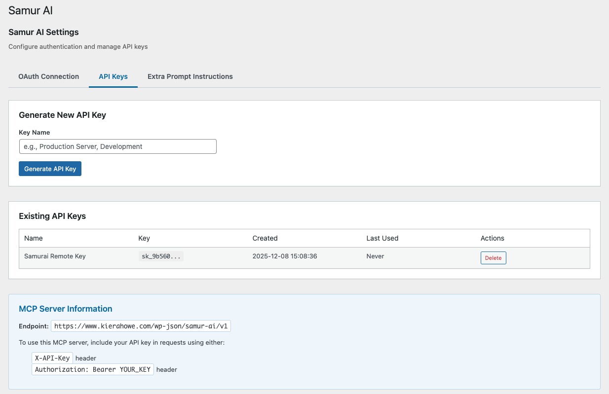 API Key management interface - Generate and manage your API keys