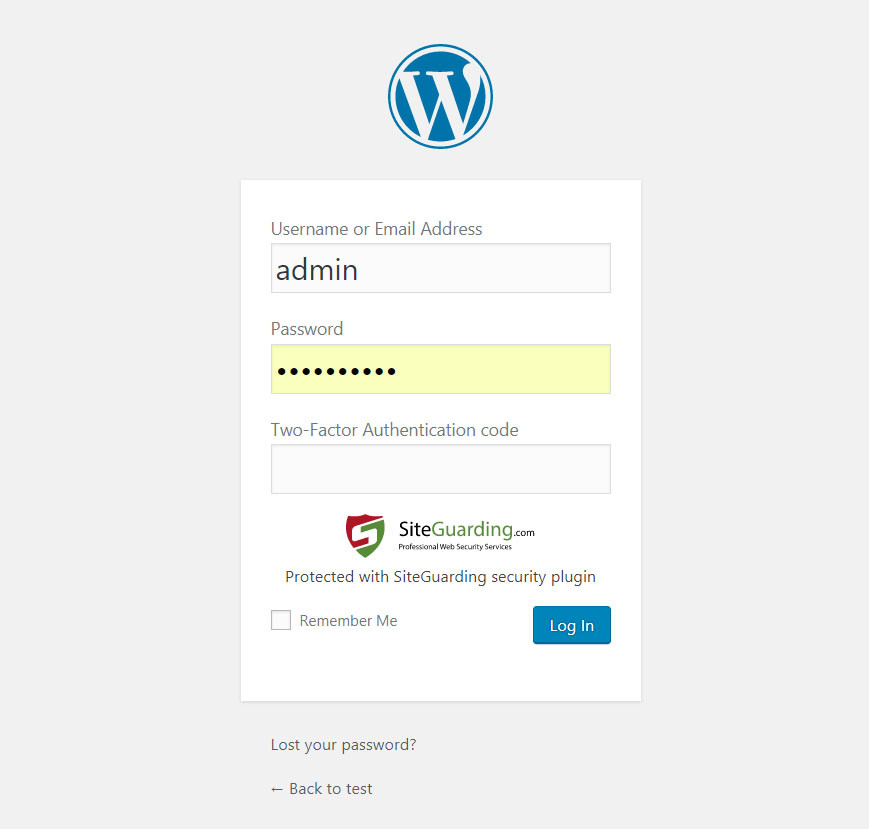 Protected WordPress login page