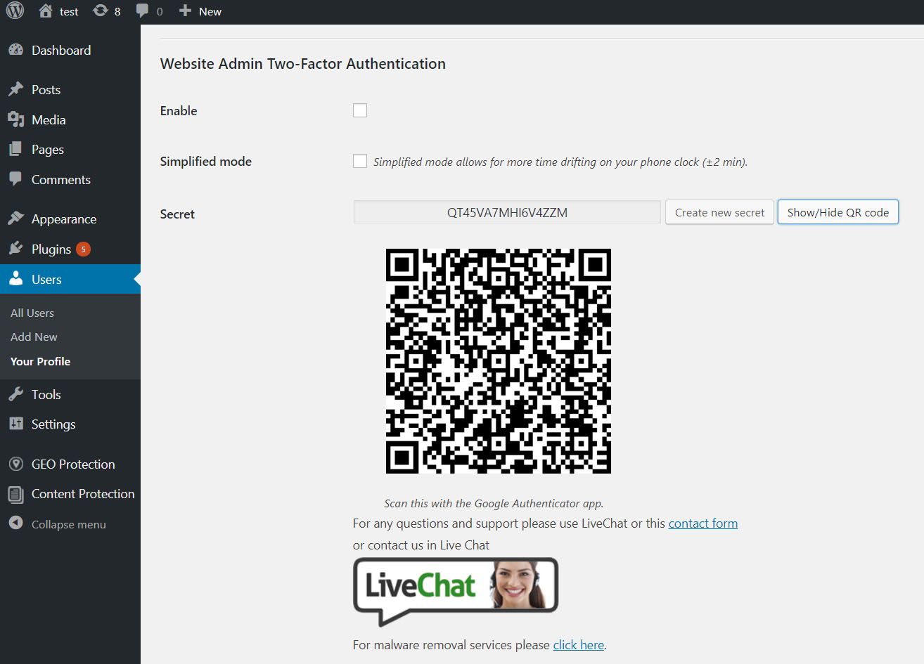 Configuration of Two-Factor Authentication for the user account