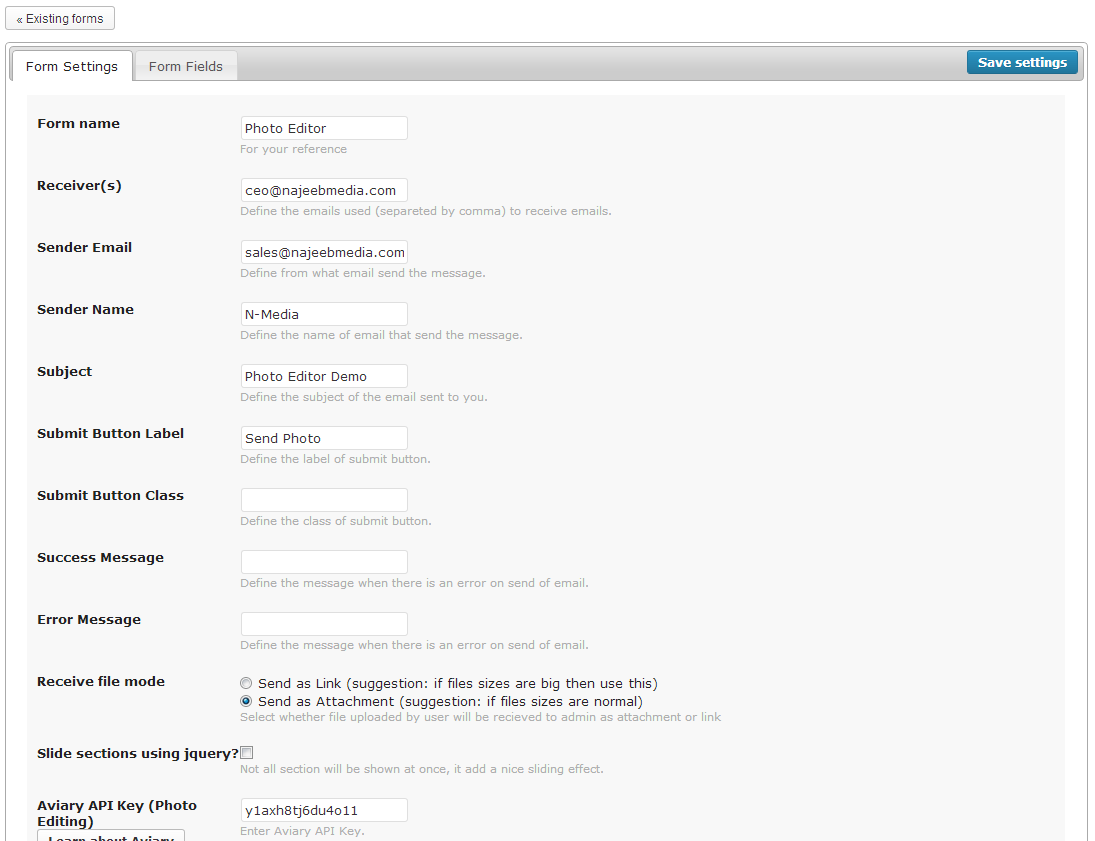 Basic settings in Admin for the plugin