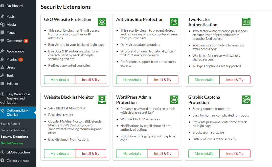 Security Extensions page