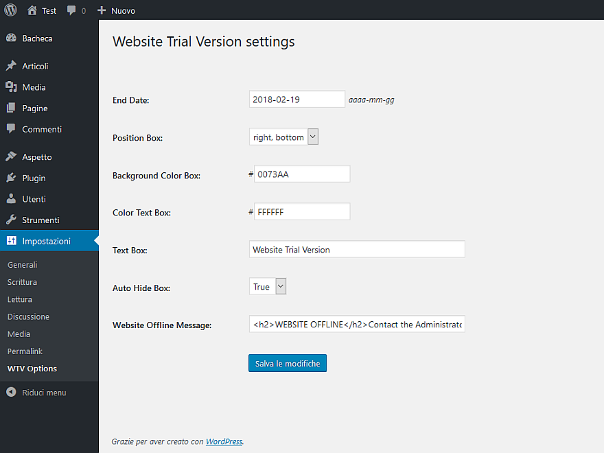 Website Trial Version Options page, where you are able to set customized colours, messages, position.