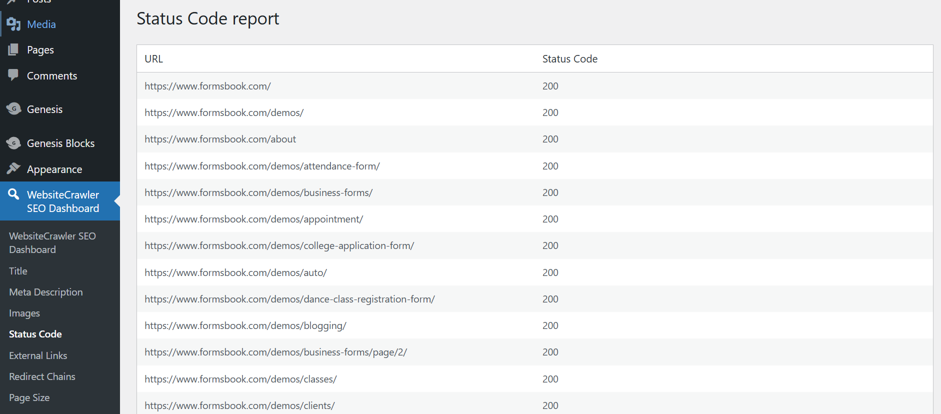HTTP Status Code report