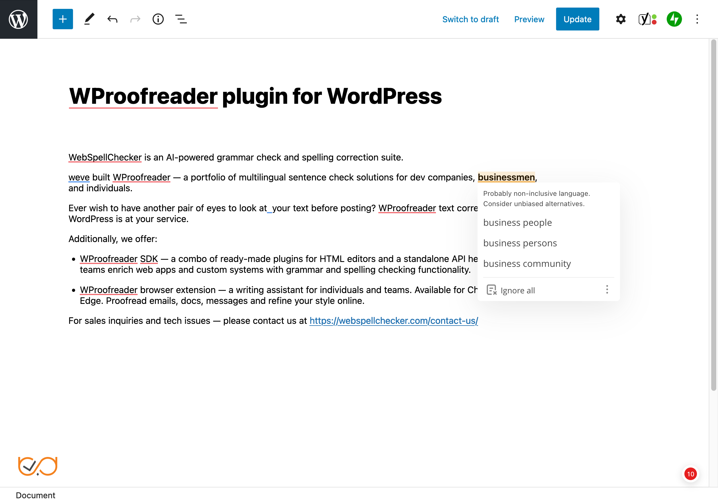 WProofreader settings dialog with check types and user dictionary.