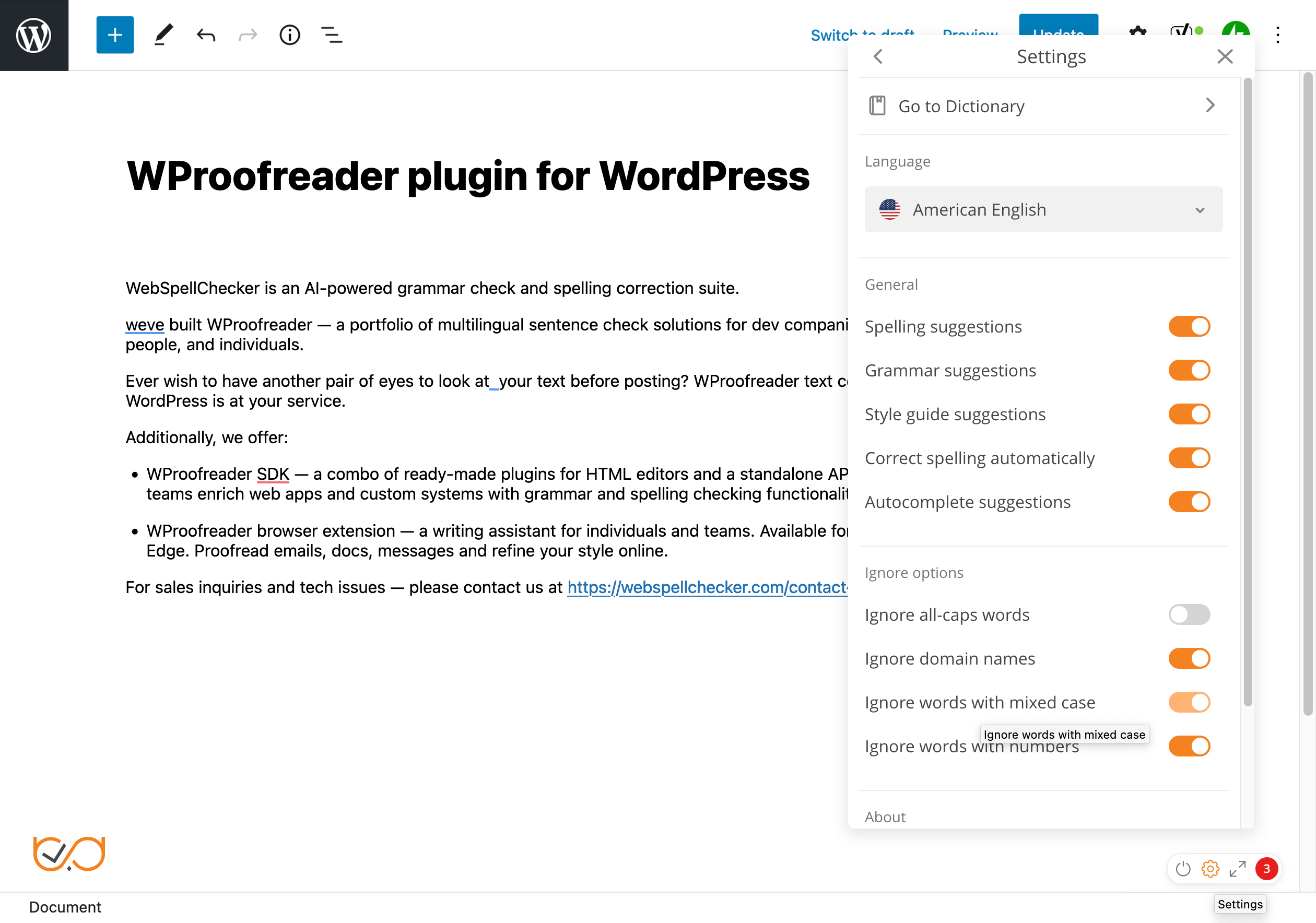 WProofreader ‘Proofread in dialog mode’ with spelling suggestion.