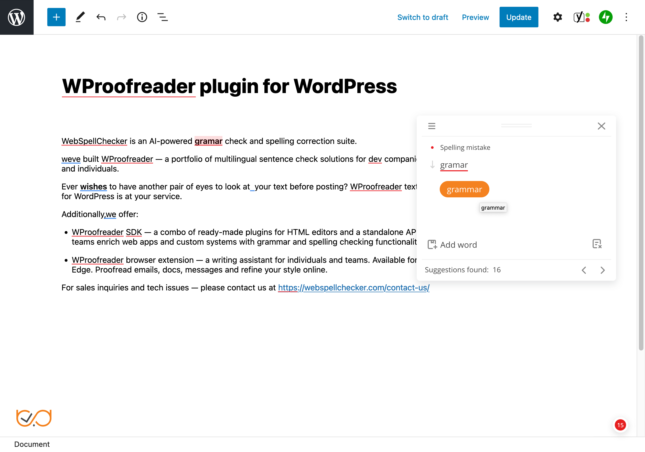 WProofreader user custom dictionary view.