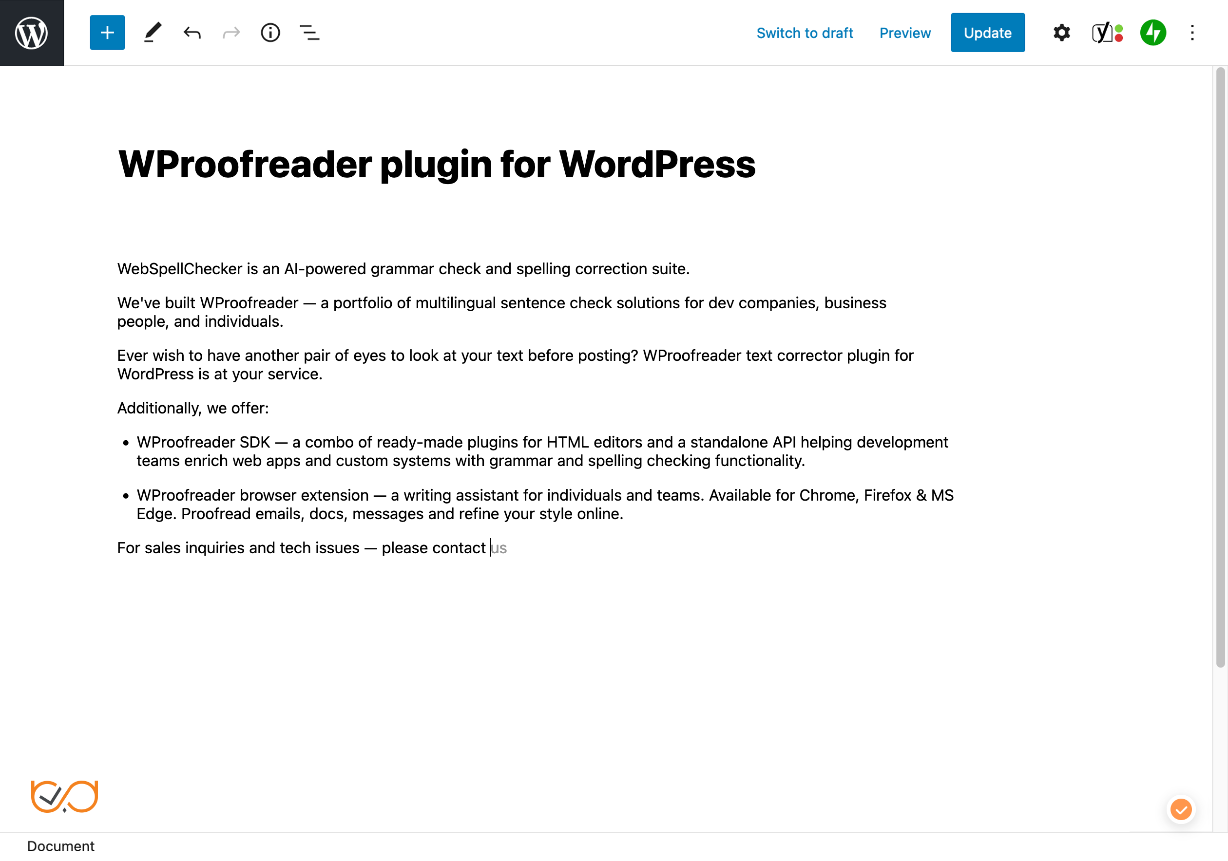 WProofreader WordPress plugin settings page.