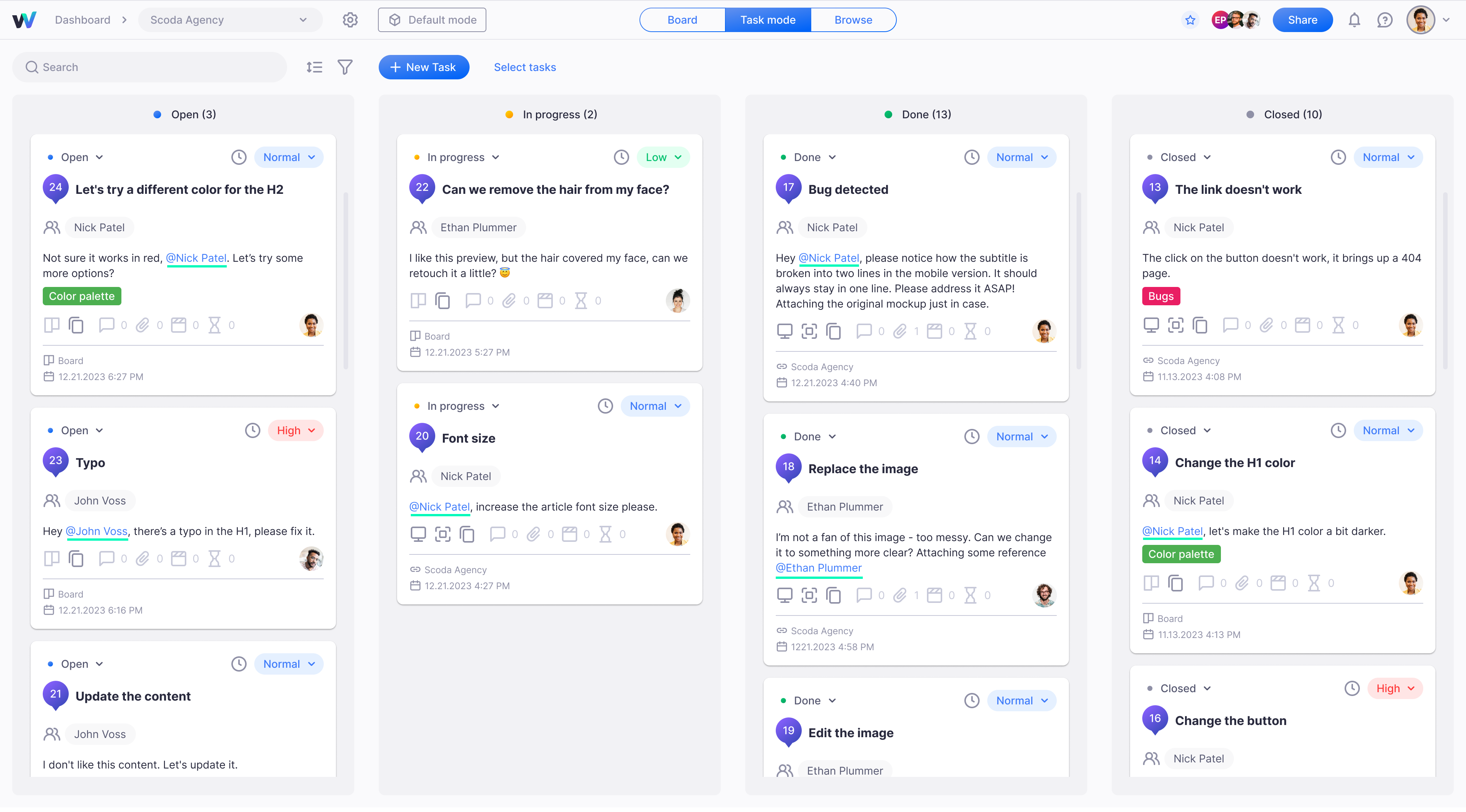Utilize the flexible kanban board to streamline task management, change priorities, log work hours, and monitor project progress efficiently.