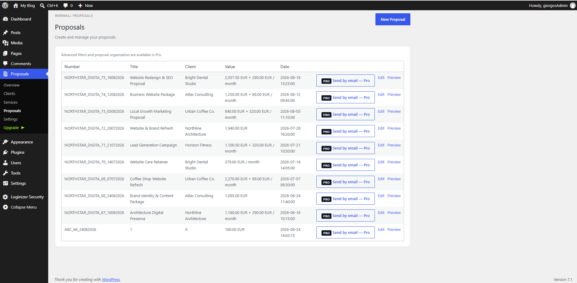 Proposals — view your proposal list with client, value, date, edit, and preview actions.