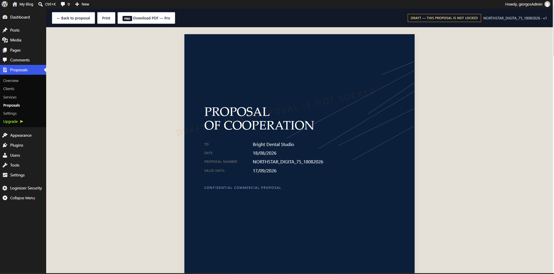 Proposal Preview — review the professional proposal document before printing or using Pro delivery features.