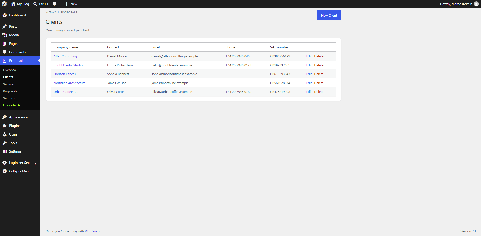 Clients — manage client companies and their primary contact details.