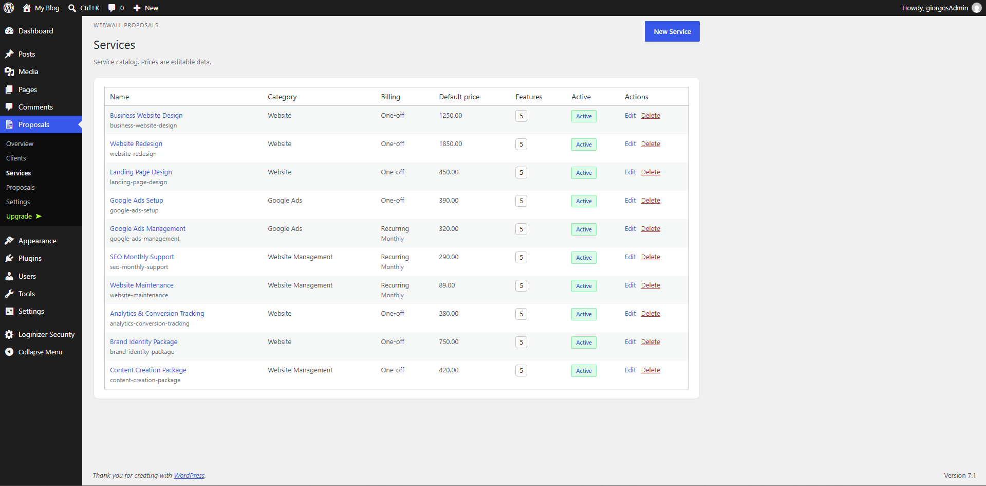 Services — manage your reusable service catalog, including one-off and recurring billing.