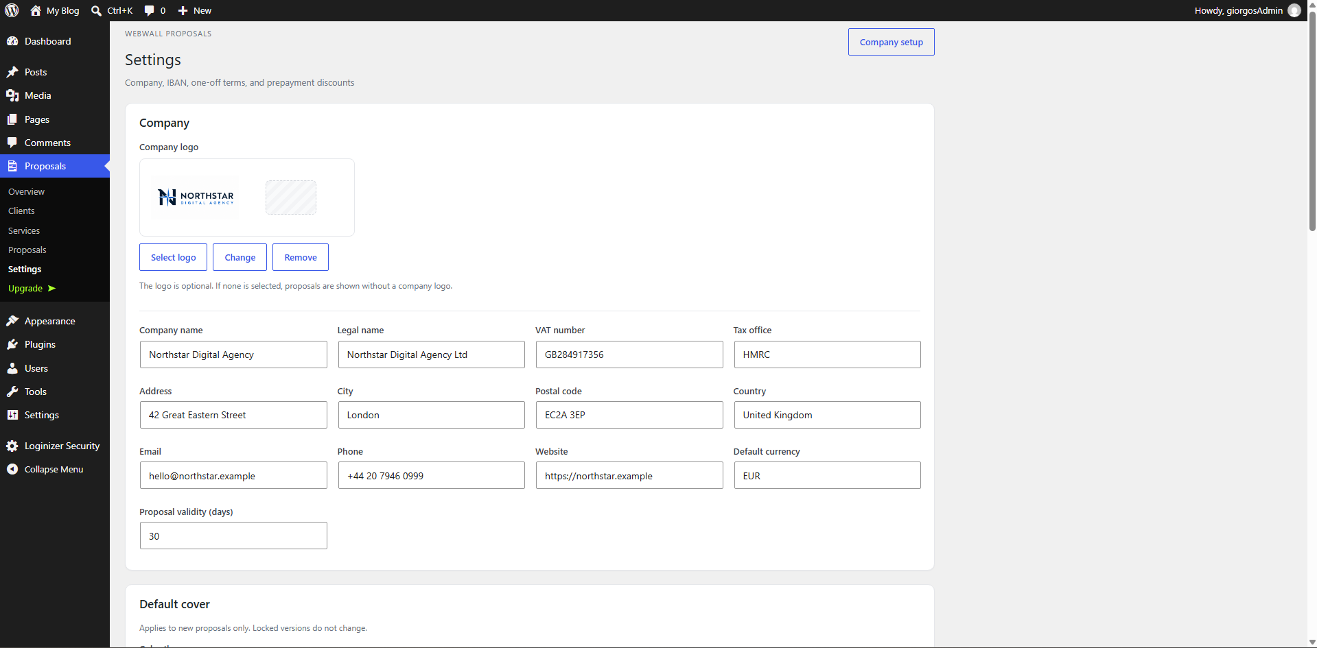 Company Settings — configure company identity, logo, contact details, currency, and proposal defaults.