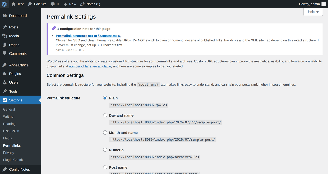 A contextual note shown automatically at the top of the settings page it refers to.