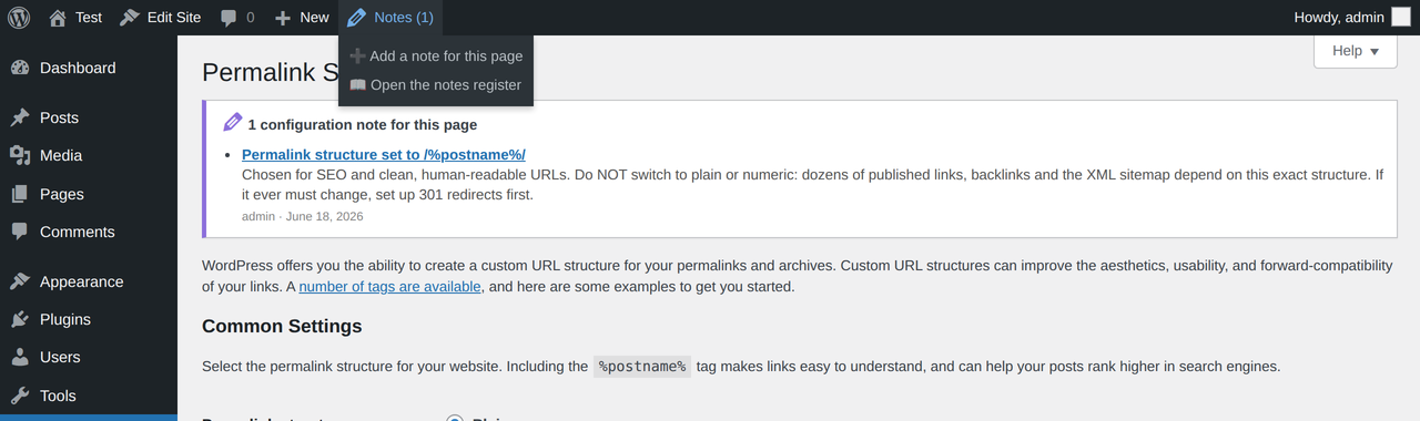 Adding a note linked to the current page from the admin bar.