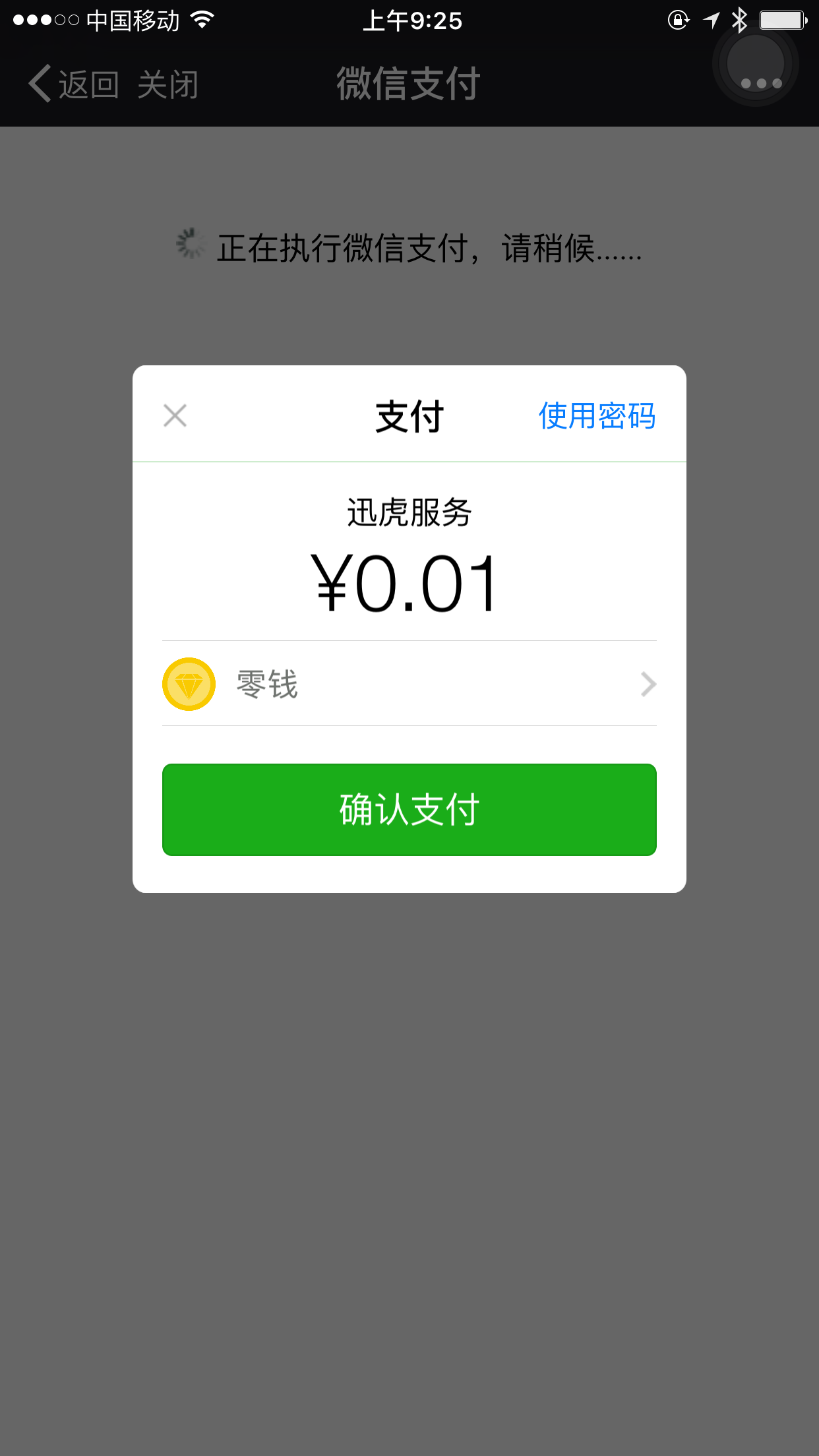 Pay screen in weChat