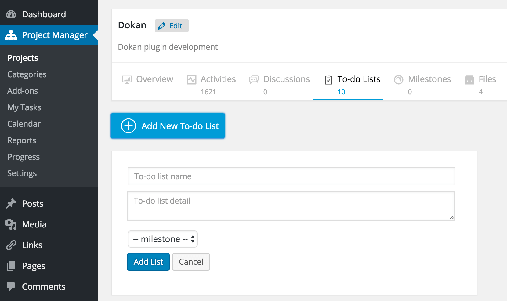 Milestones page. Set milestones for a project and assign tasks, discussions on them and see the progress of that milestone. Mark complete once its done.