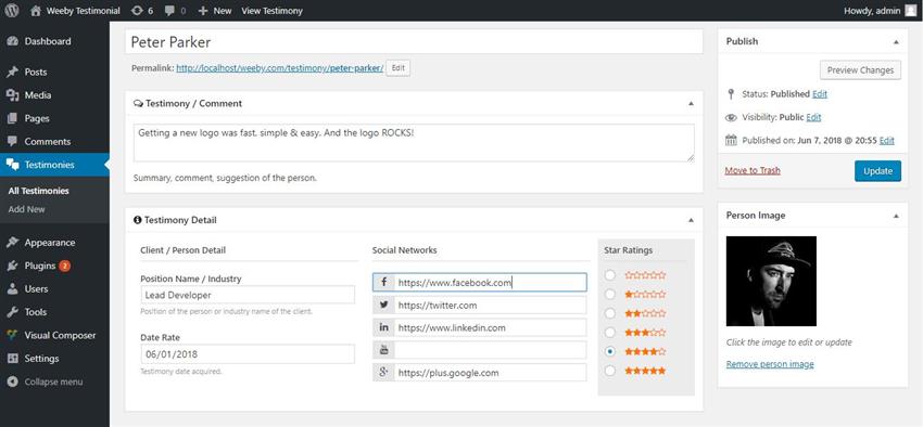 Admin interface adding weeby testimonial plug-in oddon in a page
