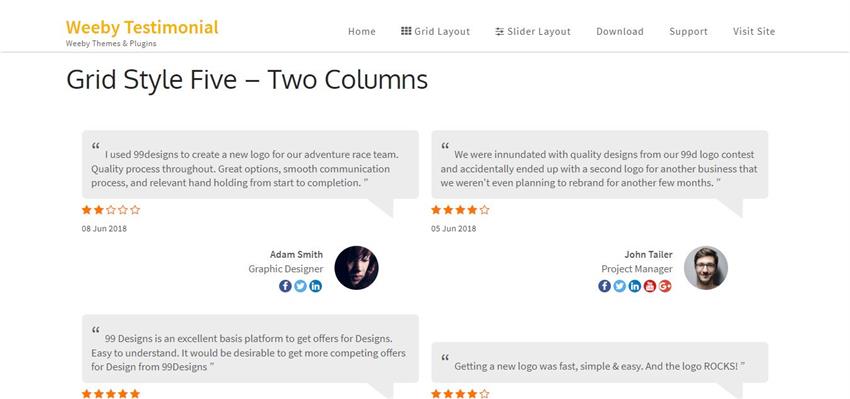 Page display a grid testimonial style with three columns