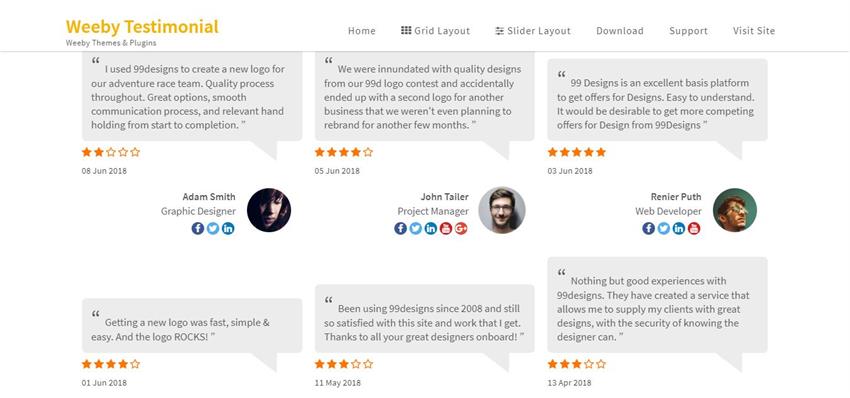 Page display a grid testimonial style with four columns