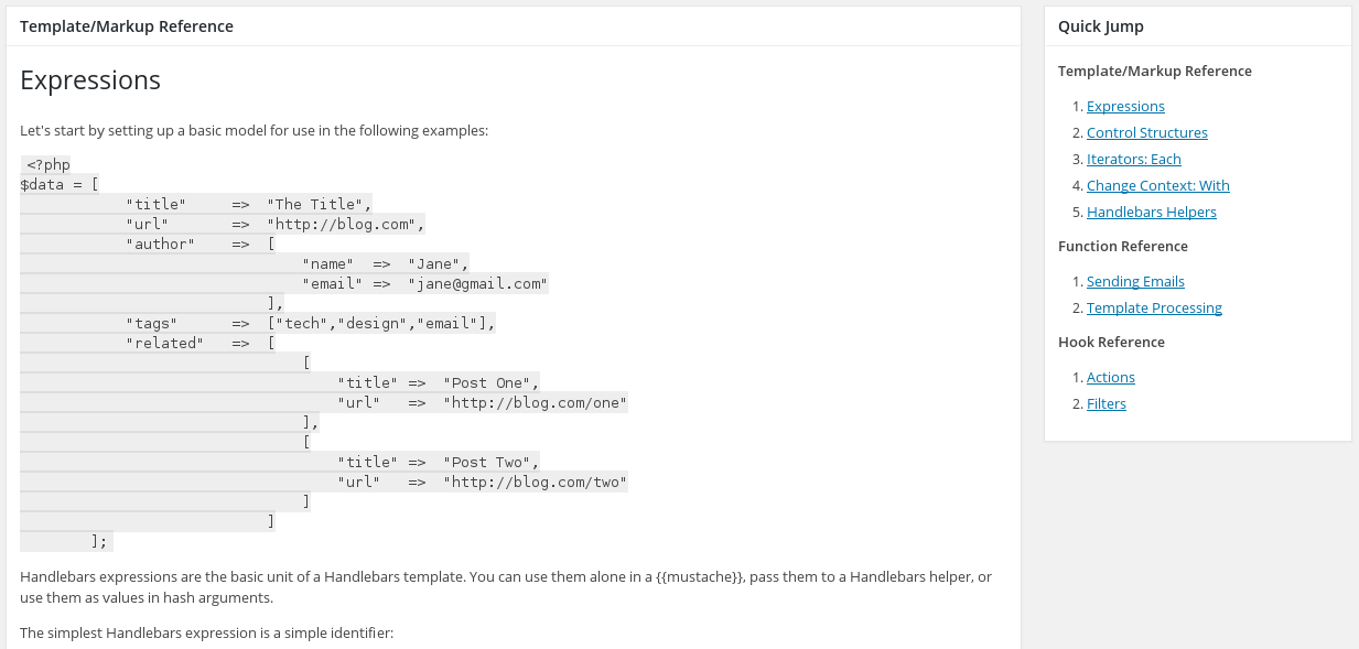 Comprehensive reference materials viewable from WP Admin.
