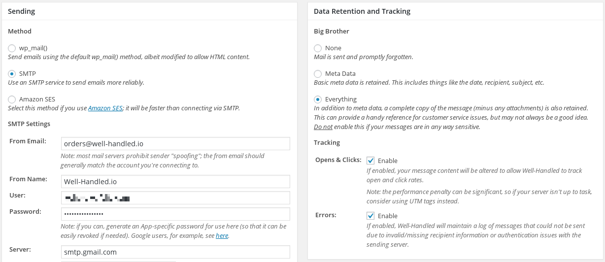 Can send via SMTP or Amazon SES, track open and click rates, and more.