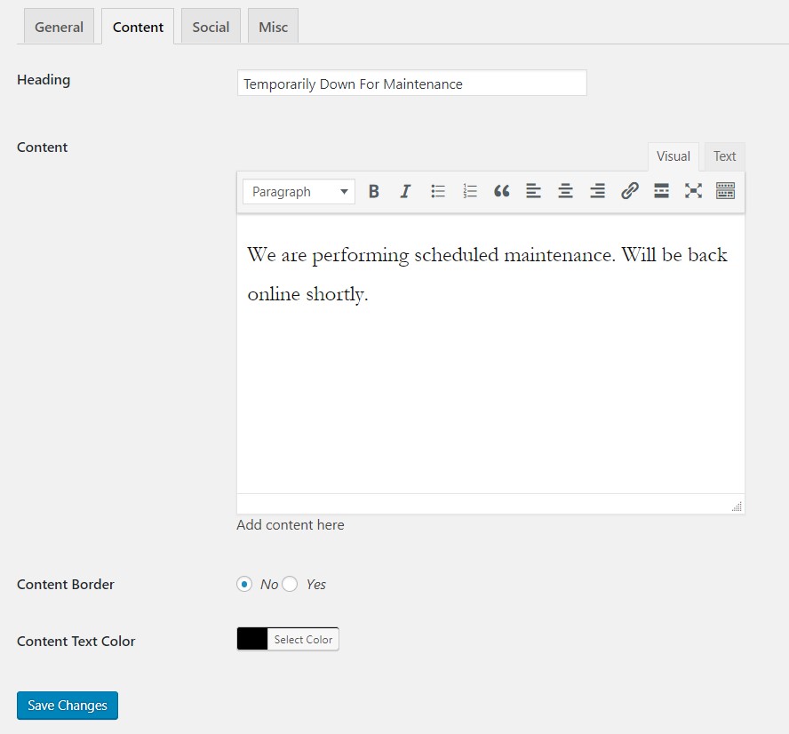 Backend: Content settings
