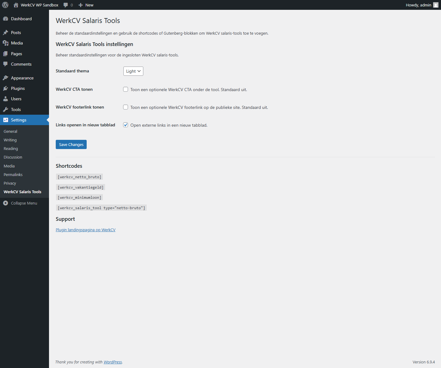 Settings page for CTA, footer credit, and default theme