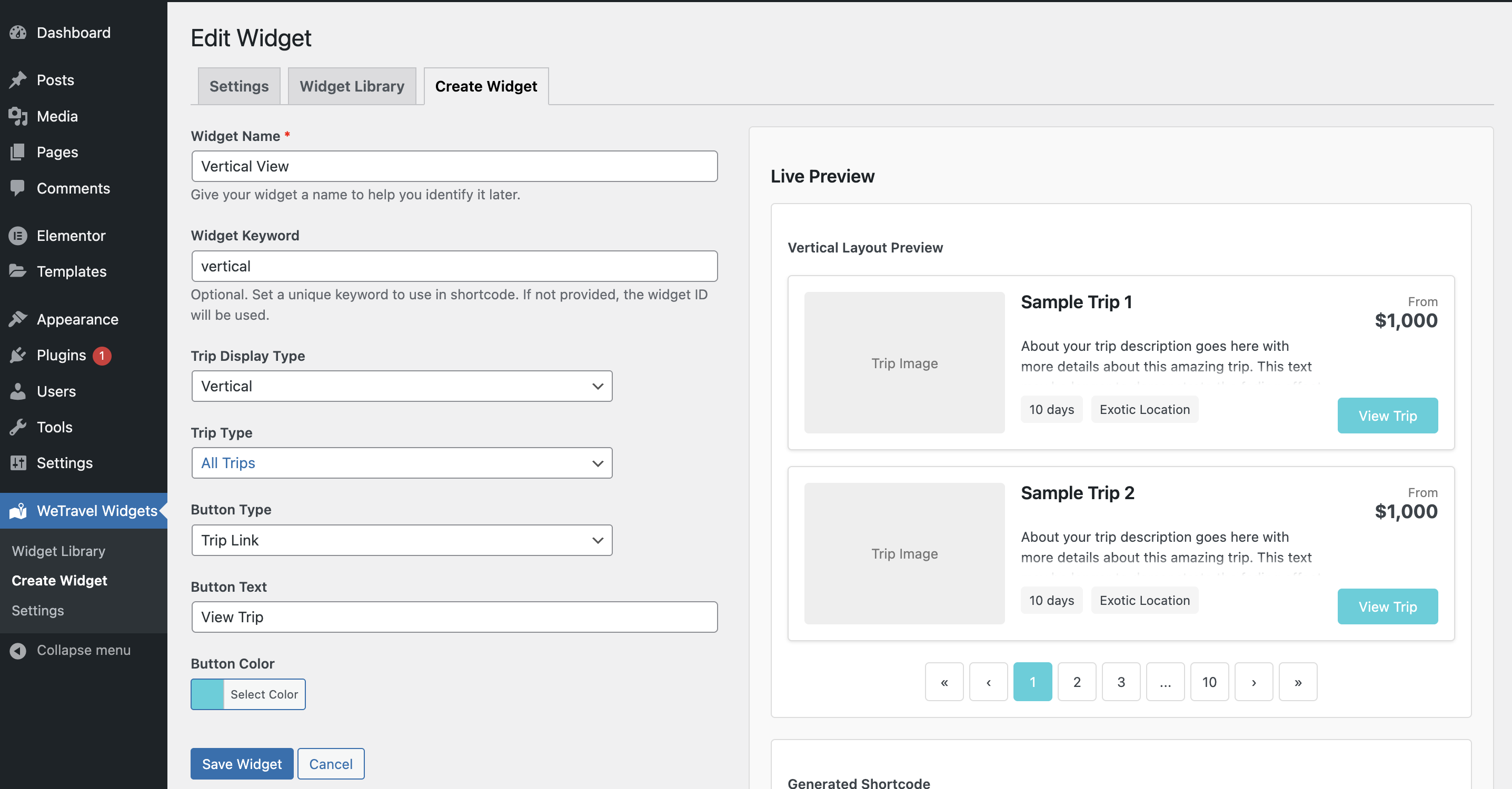 Widget customization interface with live preview