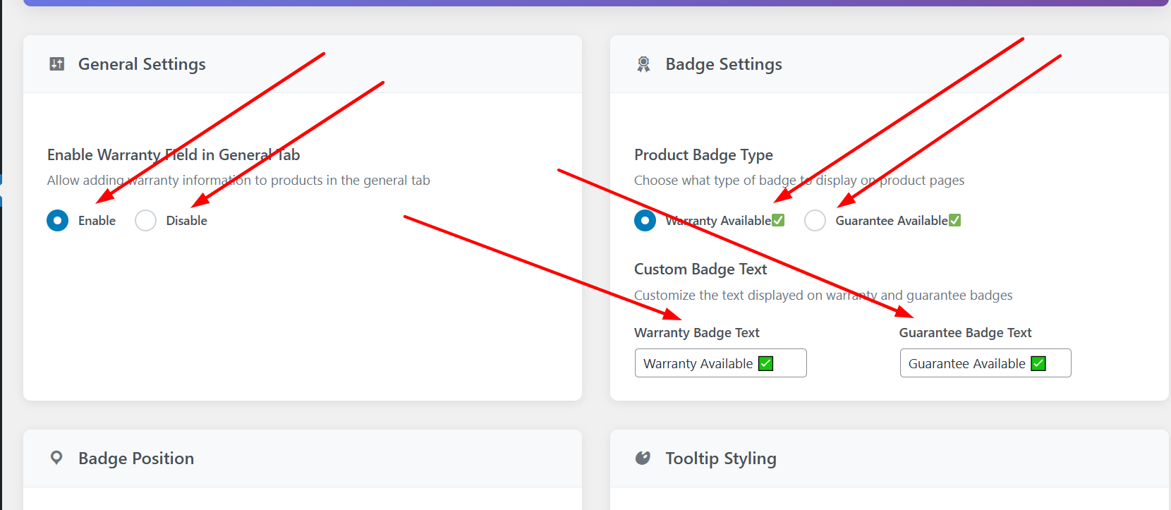 Product edit page showing multiple warranty options.