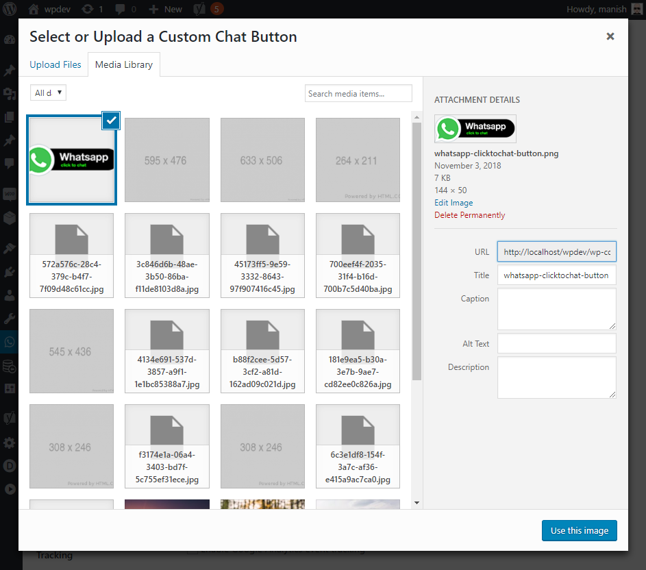 Upload or select a custom chat button image from the media library