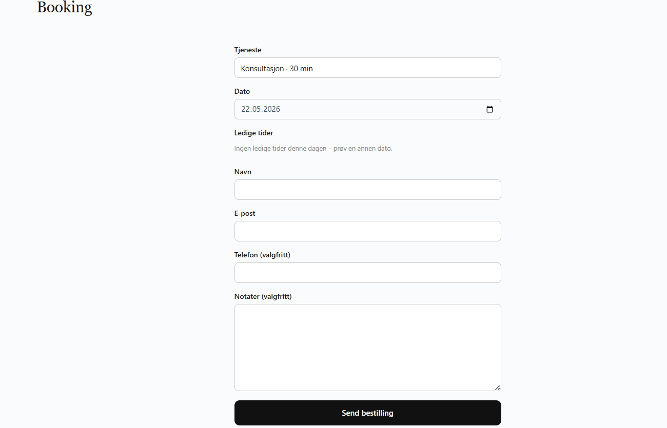 Admin inbox showing pending, confirmed and cancelled bookings with one-click status changes.
