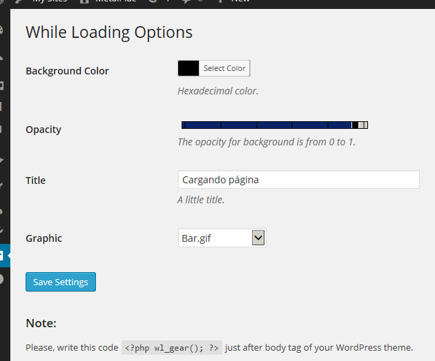 View of settings page.