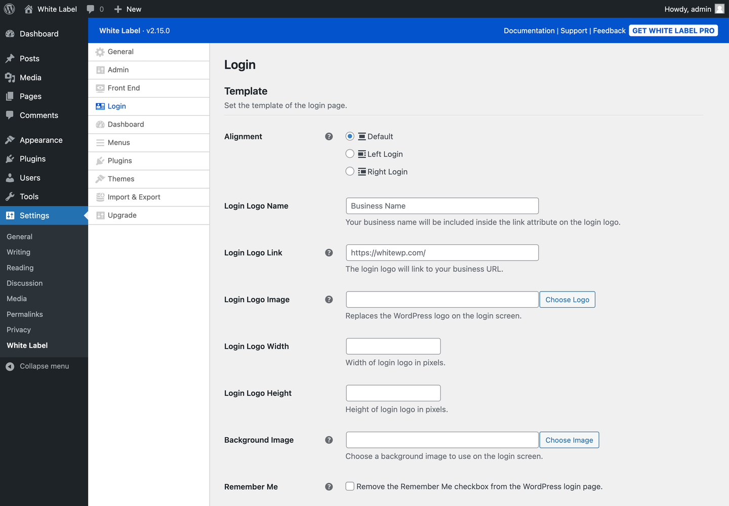 White Label Menus Settings