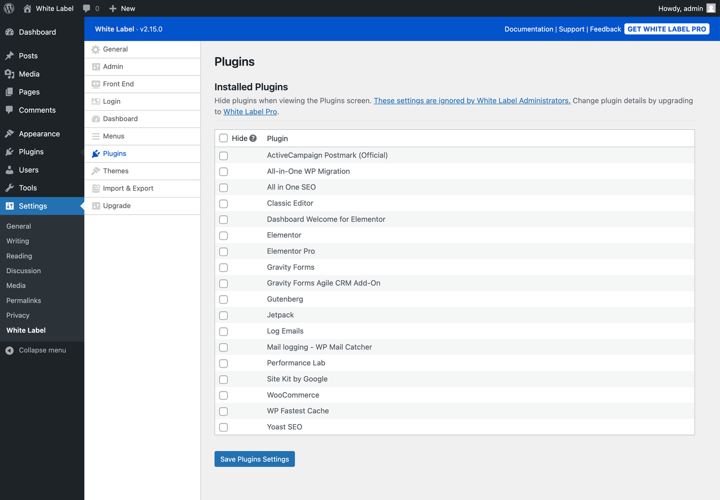 White Label Front End Settings
