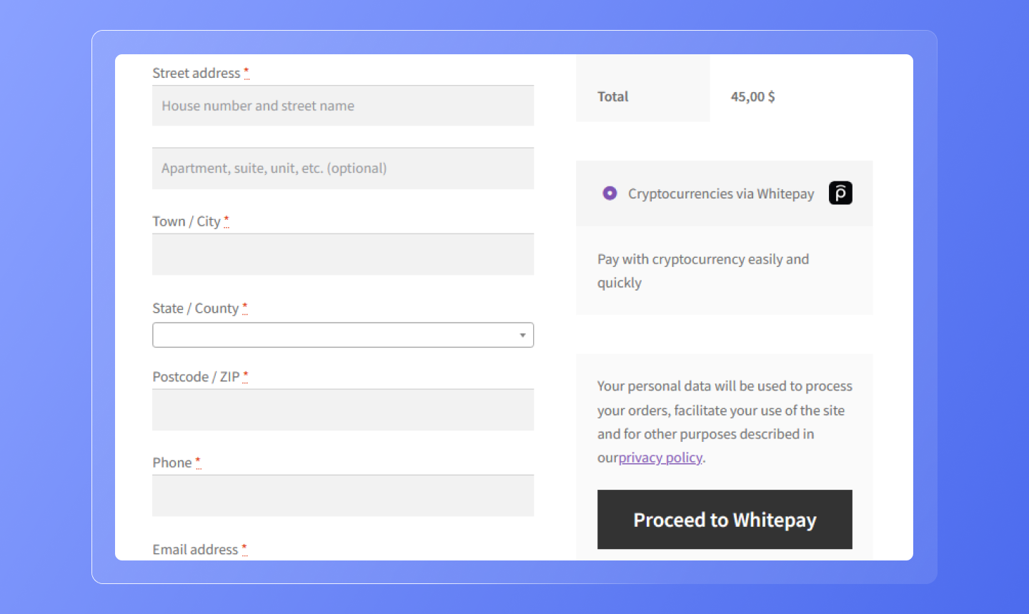 Whitepay payment gateway on checkout page