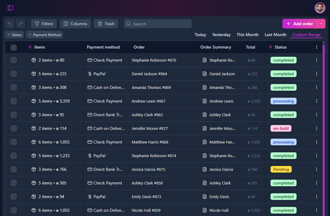Smart Orders Table – centralized order management with quick actions and real-time insights.