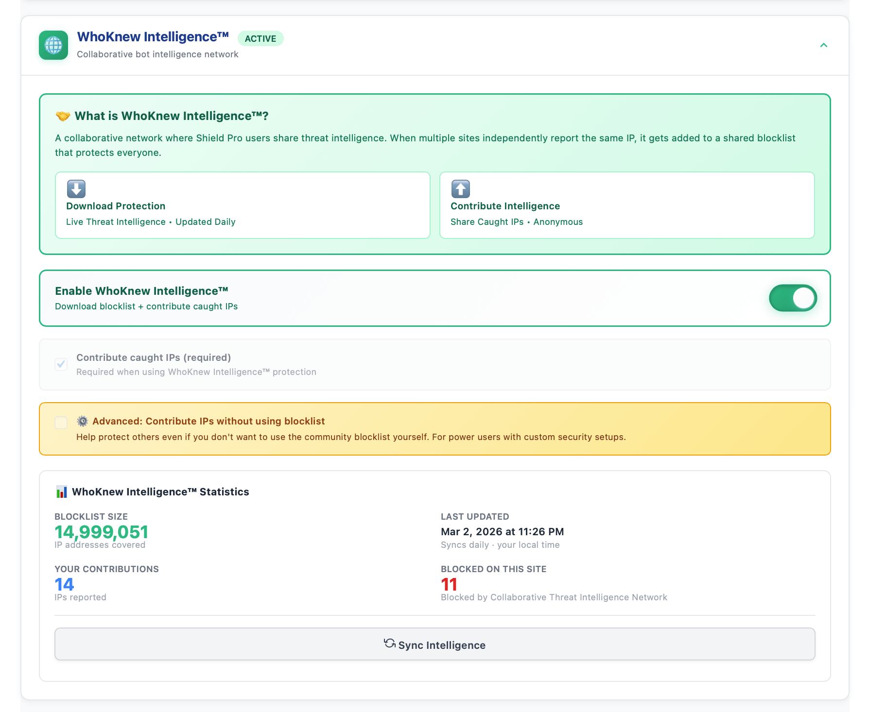 **Protection Settings** — Enable dual-layer contact protection with one toggle