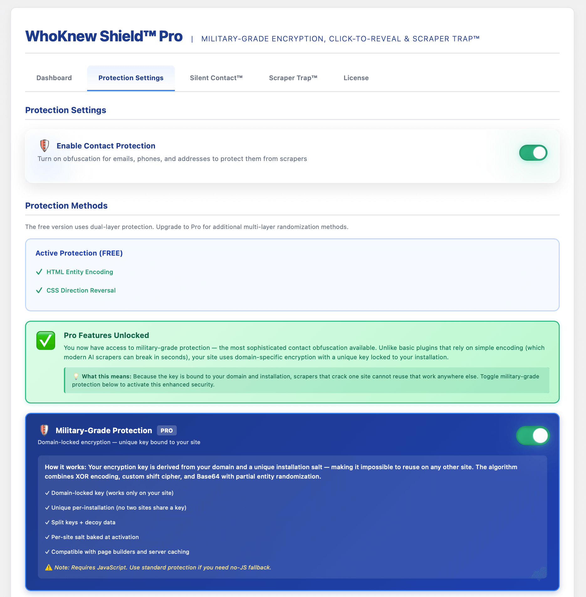 **Pro: Scraper Trap™ WAF** — Honeypot overview with active blocks, IP whitelist and Intelligence network