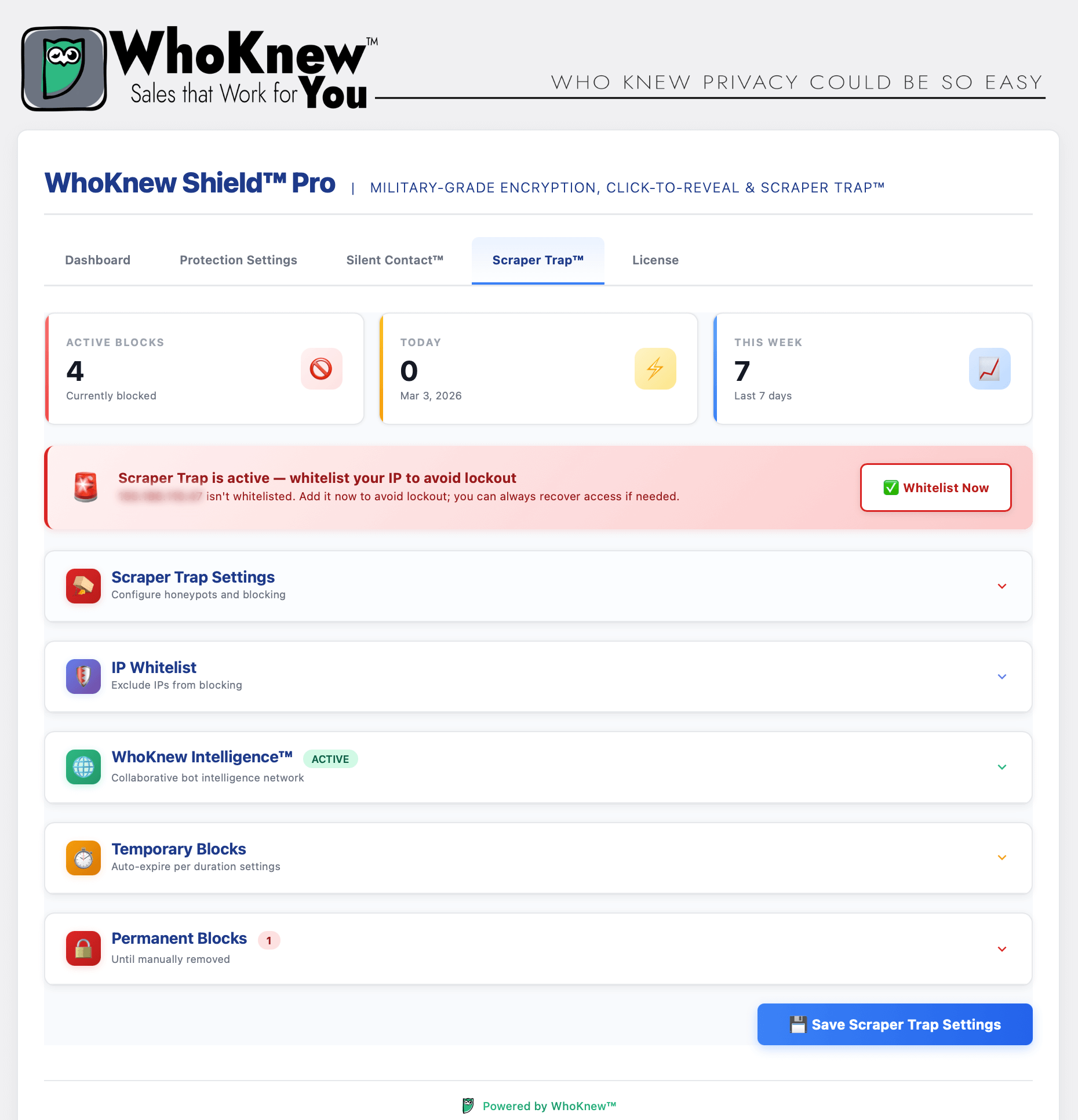 **Pro: Active Block Management** — Review, unblock or permanently ban caught scrapers