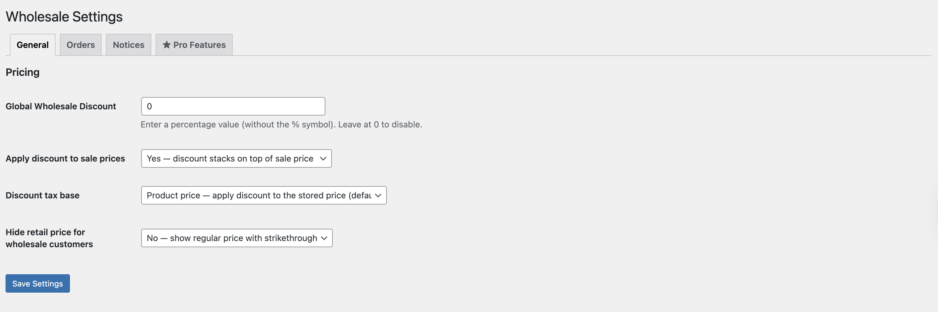 General Settings — global discount percentage, per-product pricing options, and sale price behaviour.