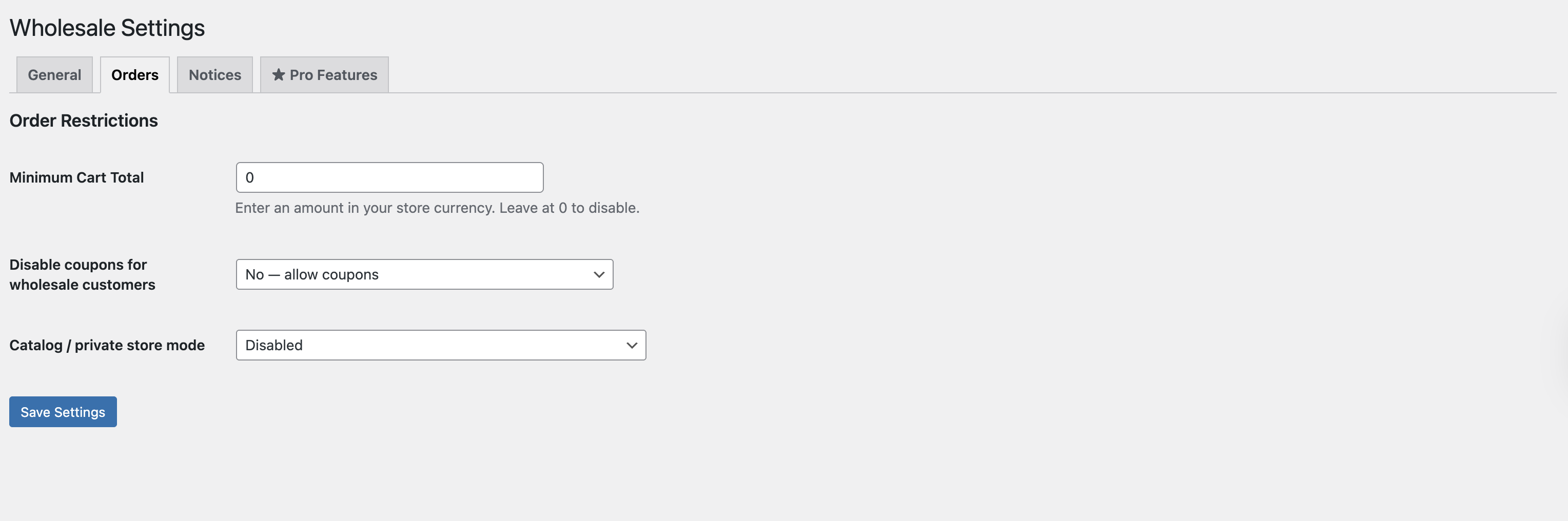 Order Settings — minimum cart total and coupon restriction controls.