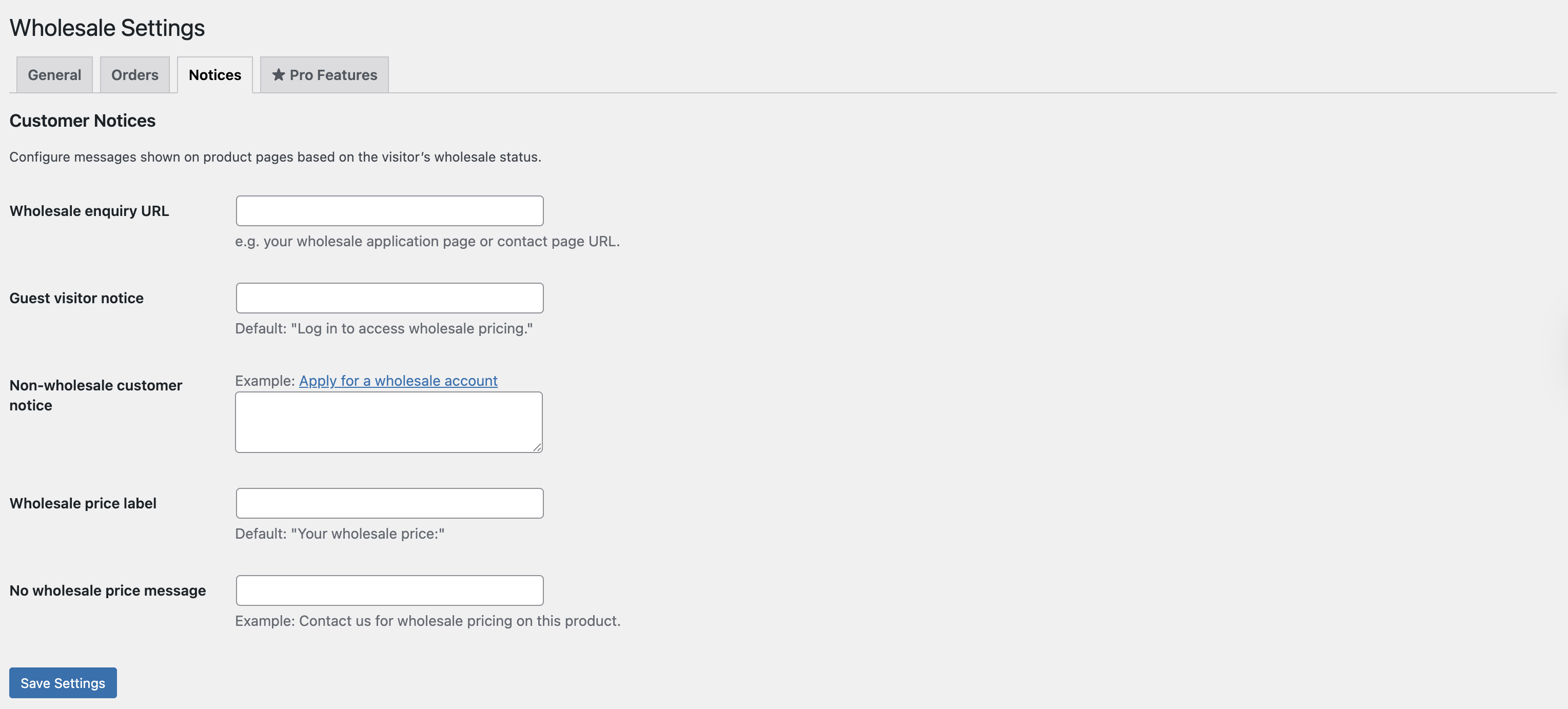 Notice Settings — configurable "Log in for wholesale pricing" notice text and link URL.