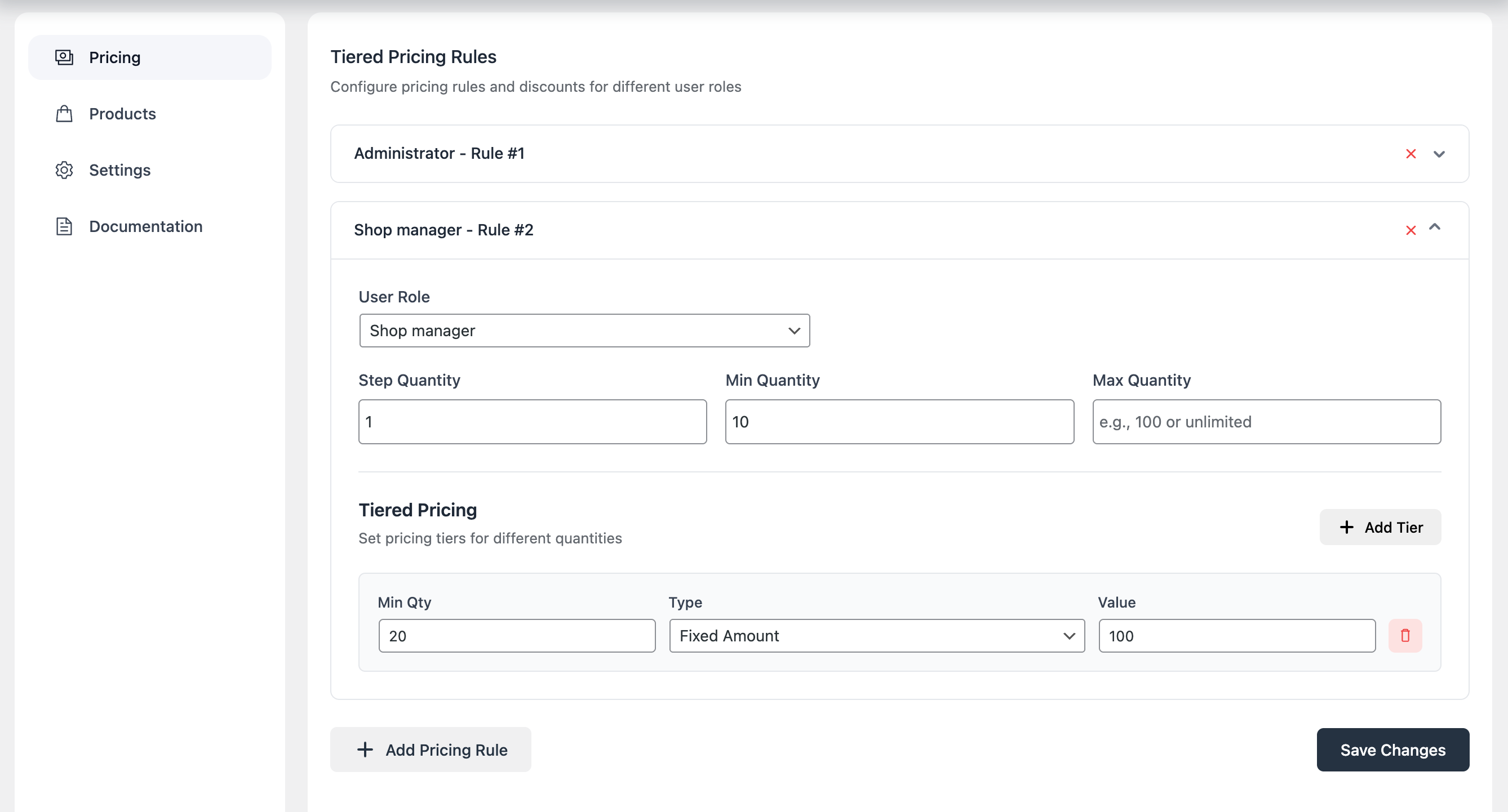 Global pricing rules panel (multi-role selector with scheduled dates).
