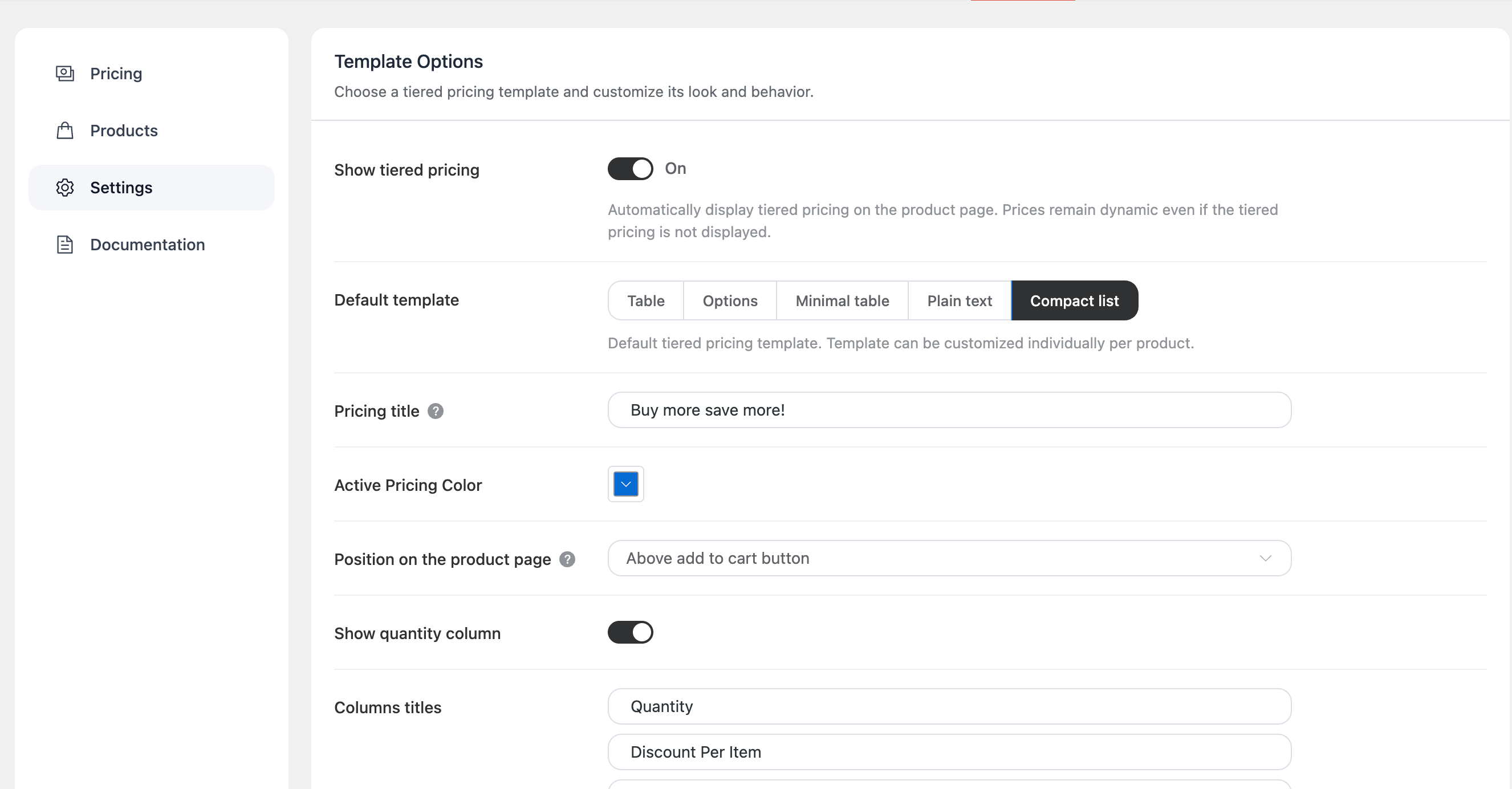 Minimal table template for pricing display.