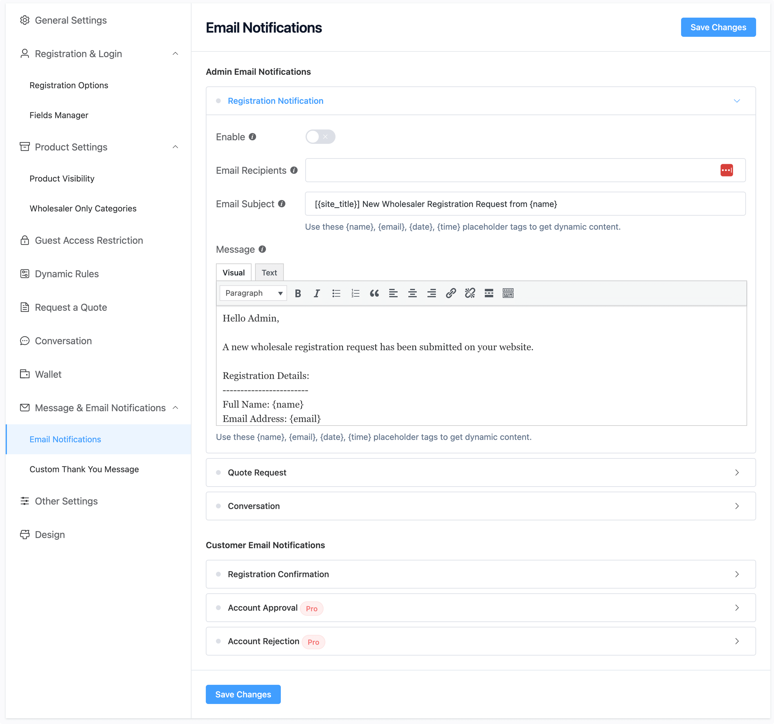 Registration & login settings overview.