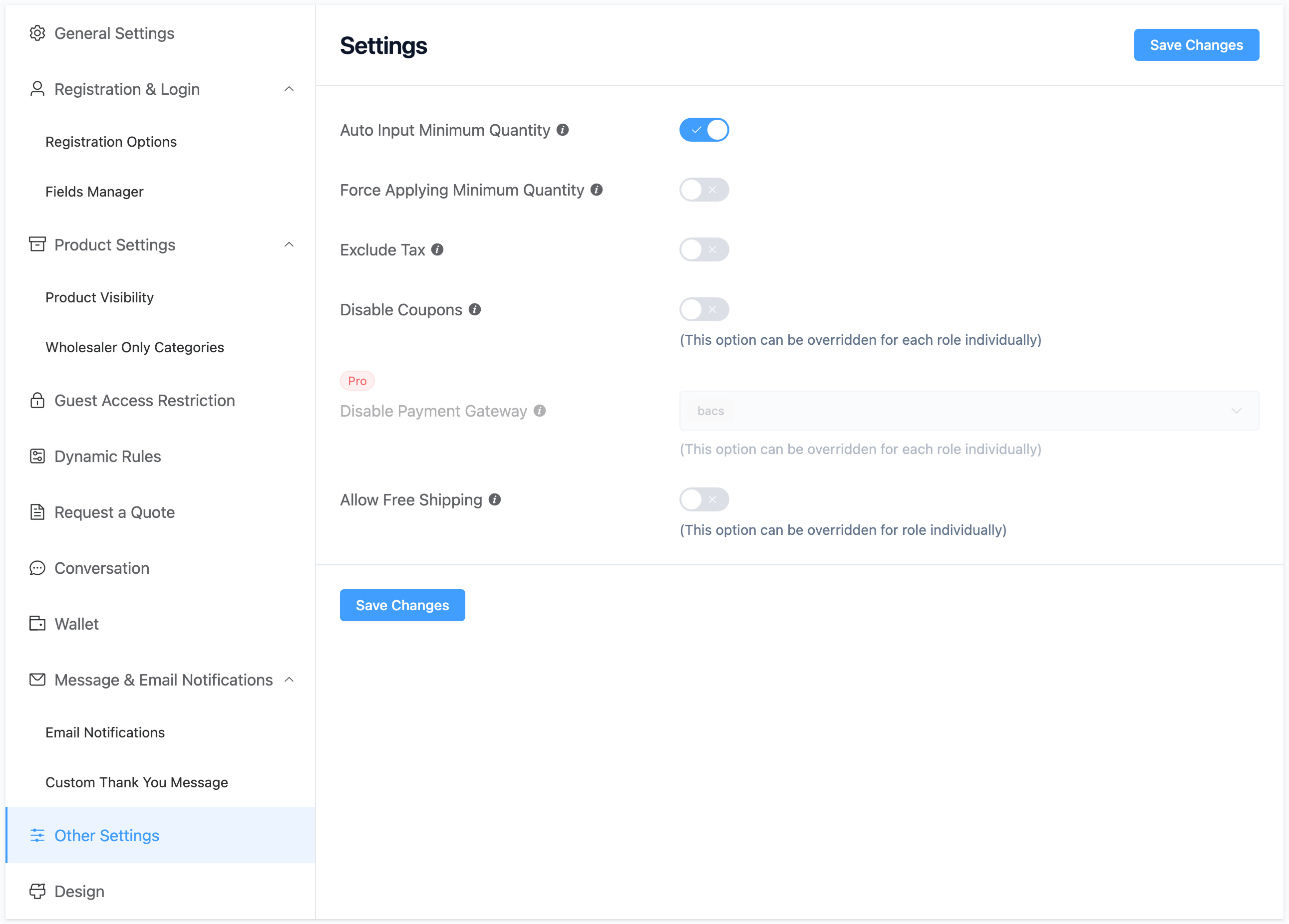 Product visibility settings.