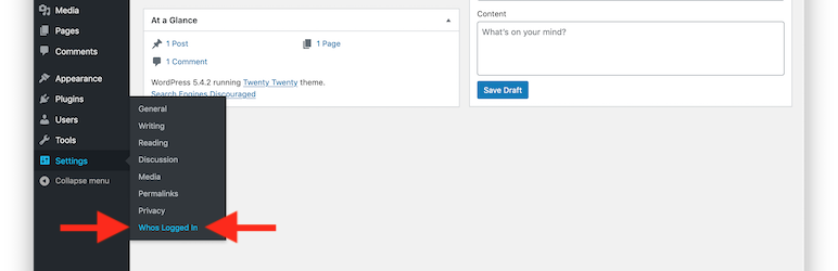 Showing the location of the Who's Logged In plugin settings page.