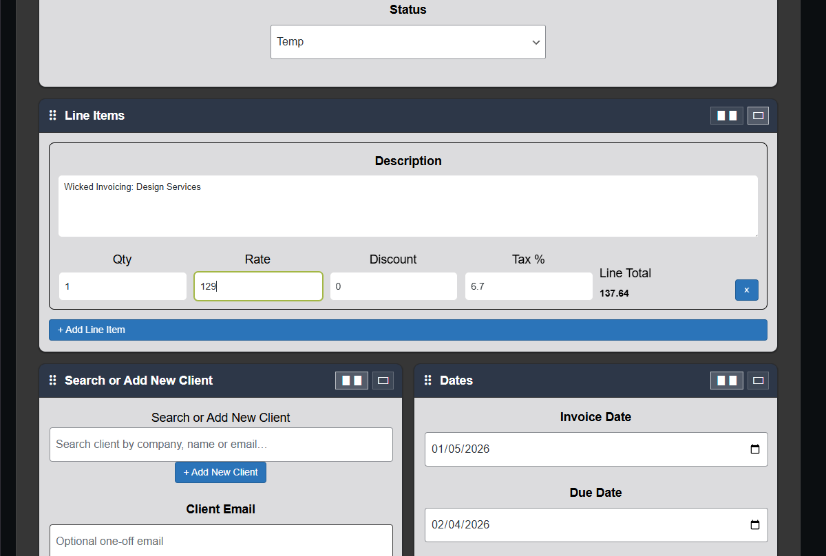 Invoice edit screen with line items and totals.