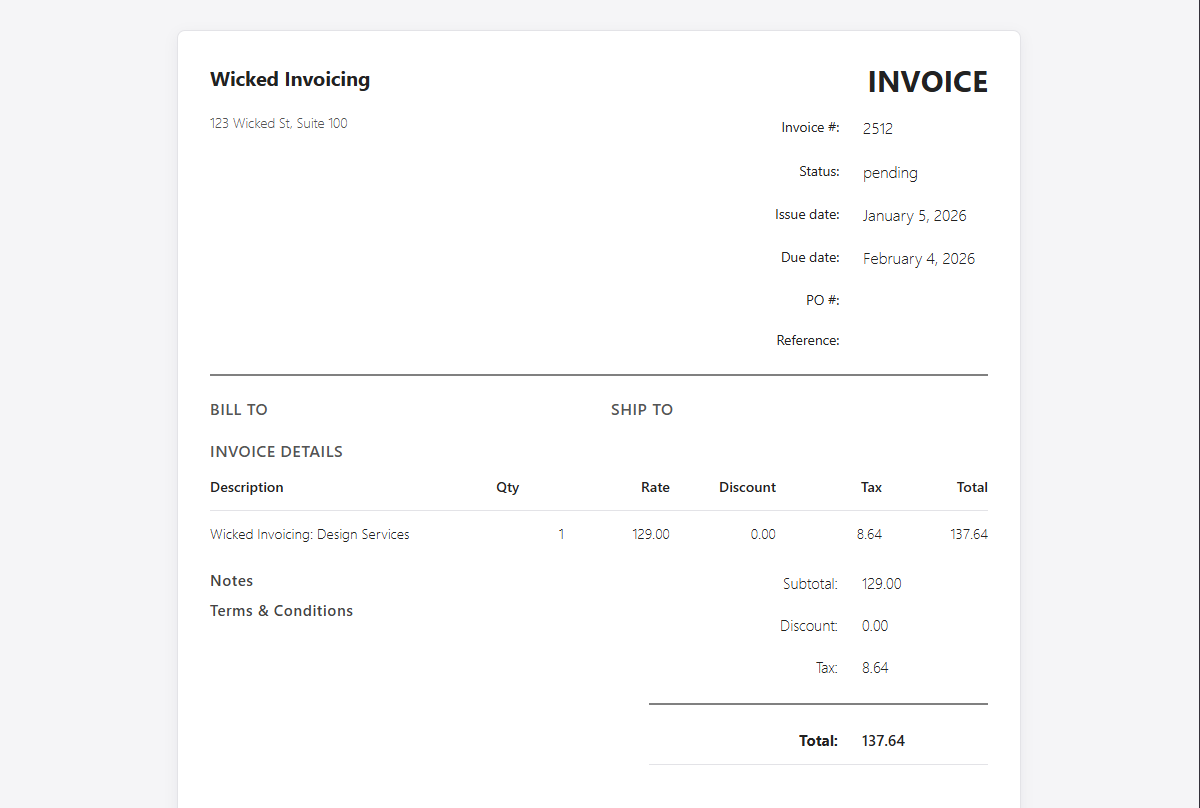 Public-facing invoice view for your clients.
